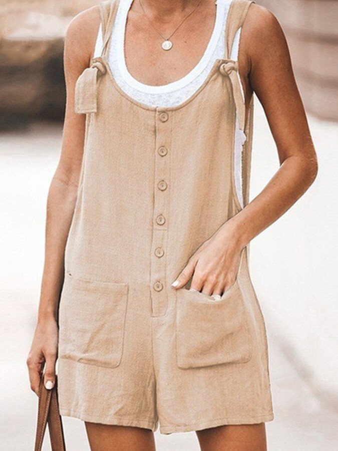 Ladies Spring/Summer Solid Color Round Neck Button Loose Short Jumpsuit