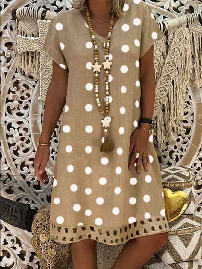 Women's Fashion Casual Polka Dot Print V-Neck Short Sleeve Mid-Length Dress