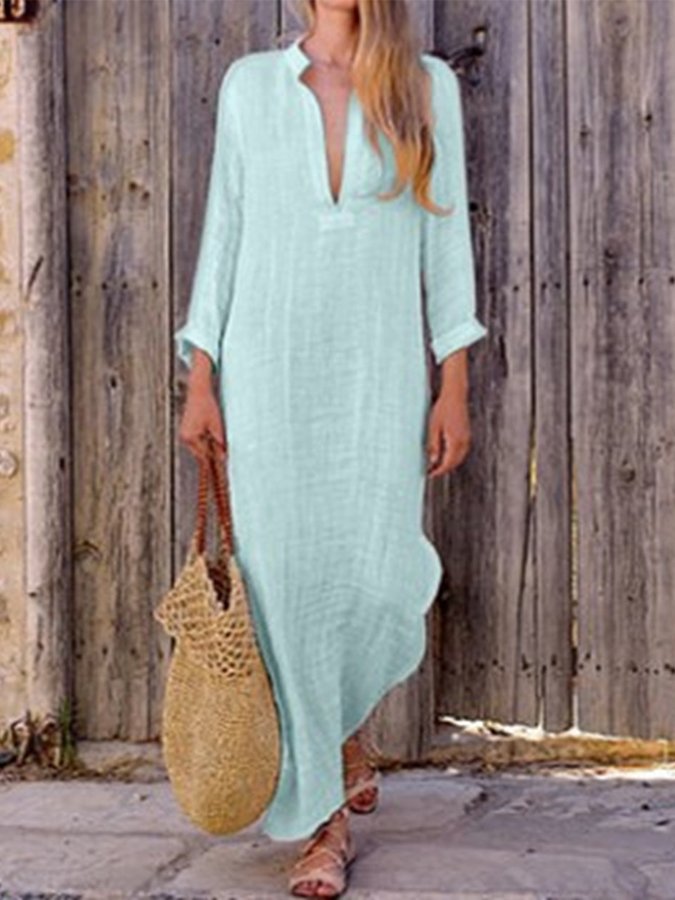 Women's Solid Color Deep V-Neck Slit Long Dress