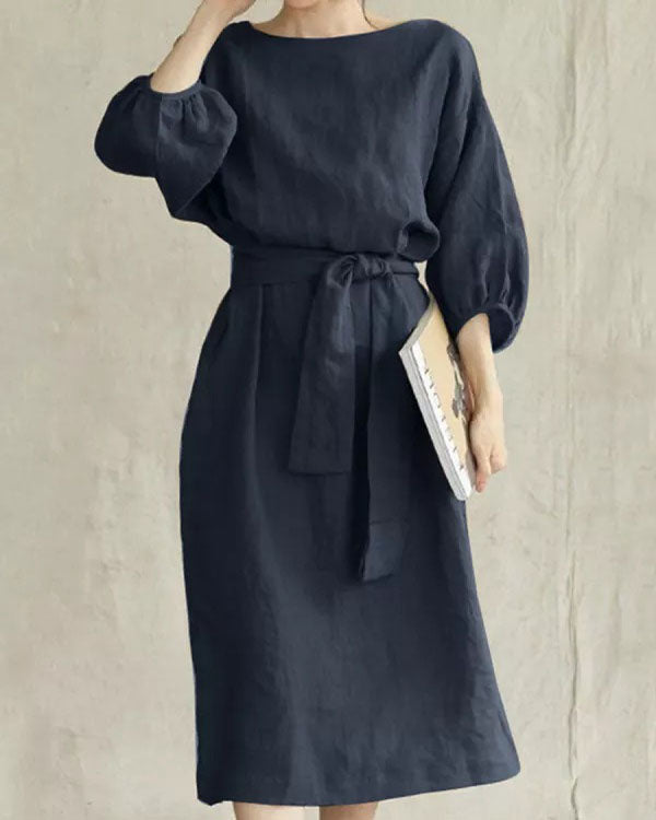 Elegant Lace-up Solid Color Cotton and Linen Mid-sleeve Round Neck Dress