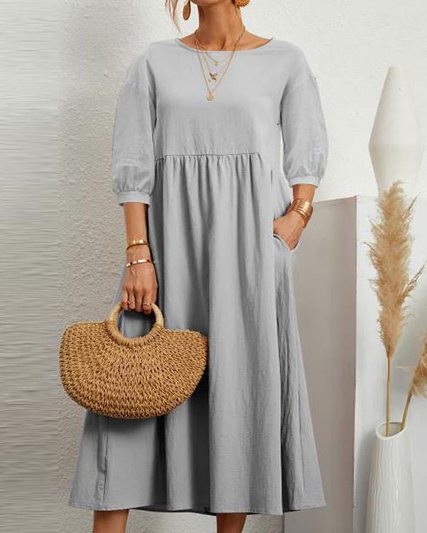 Solid Color Long Sleeve Loose Linen Slip Pocket Dress
