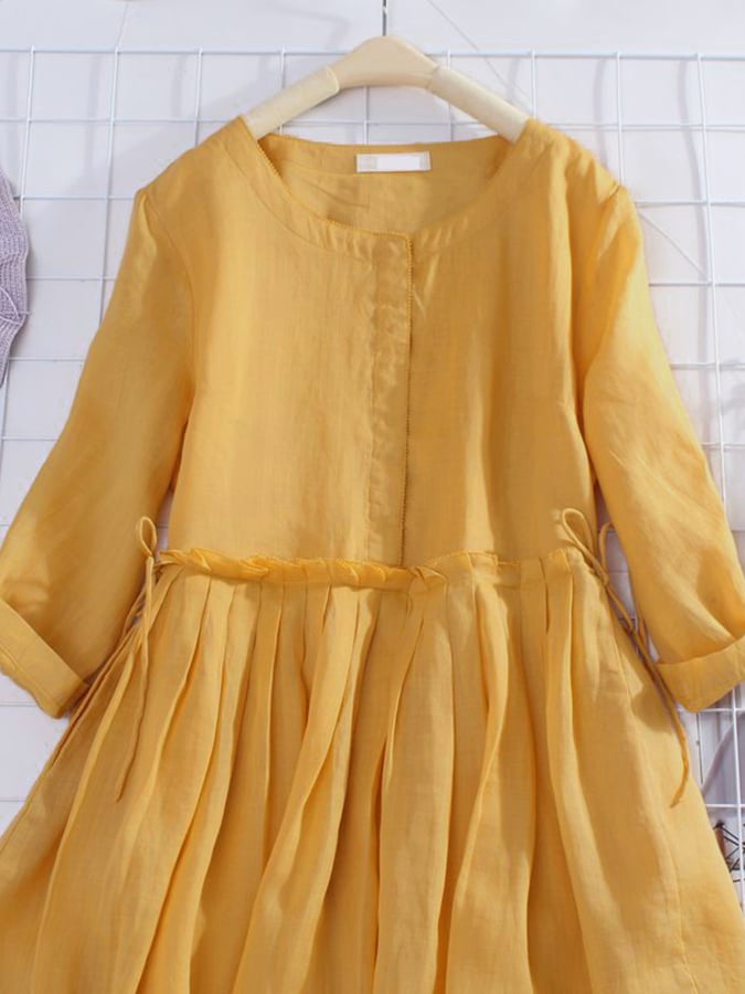 Medium Sleeved Cotton Linen Loose Lace Up Large Swing Dress