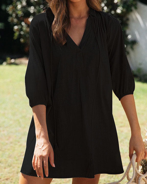 Women Casual V Neck Half Sleeve Solid Linen Dresses