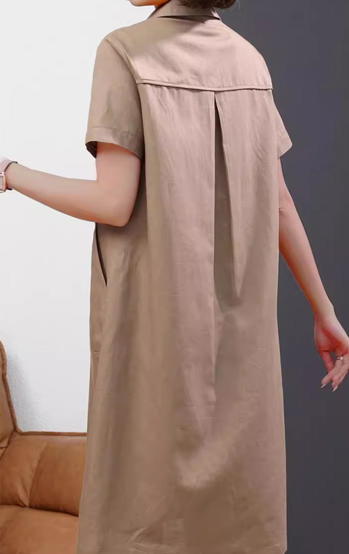 Casual Solid Color Lapel Short-sleeved Linen Shirt Dress