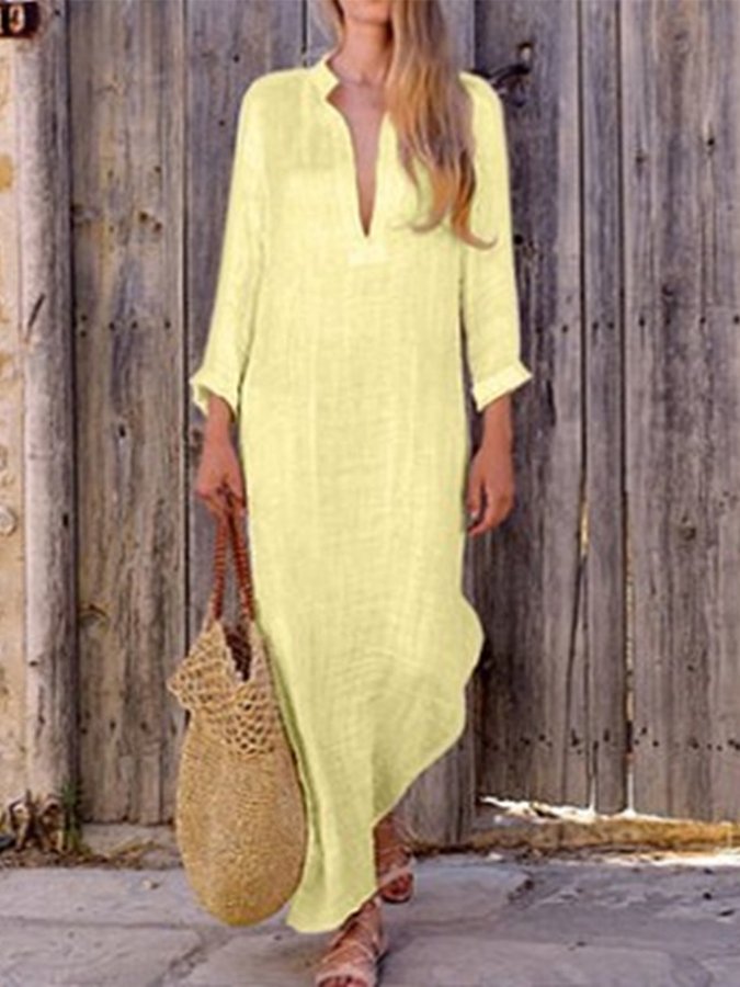 Women's Solid Color Deep V-Neck Slit Long Dress