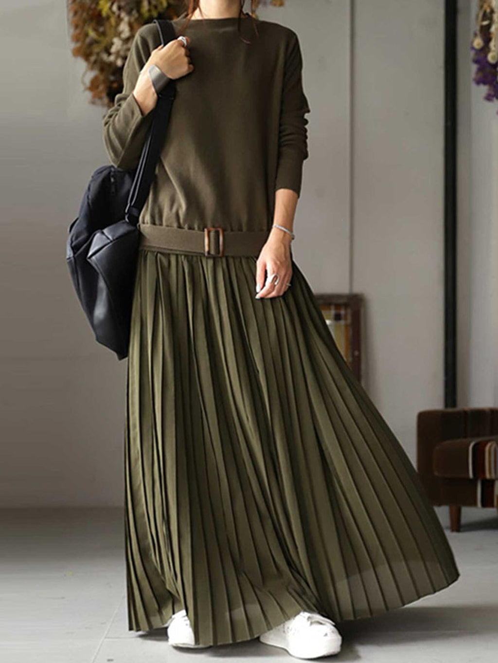 Stylish Long Sleeve Splice Drop-Waist Belted Pleated Maxi Dress