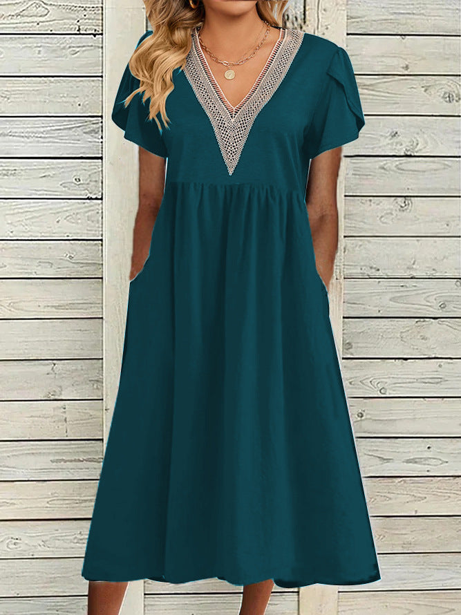 Elegant V Neck Lace Pocket Short Sleeve Dress