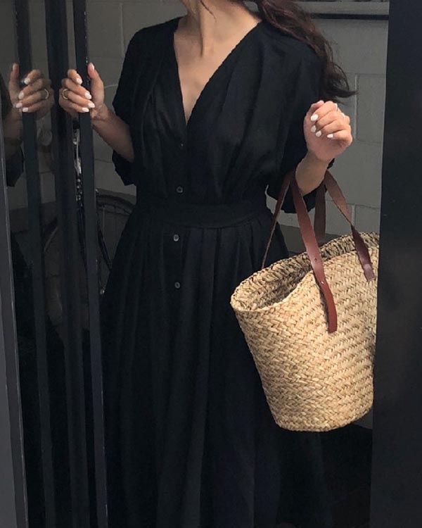 Elegant V-neck Long-sleeved Simple Loose Cotton and Linen Shirt Dress