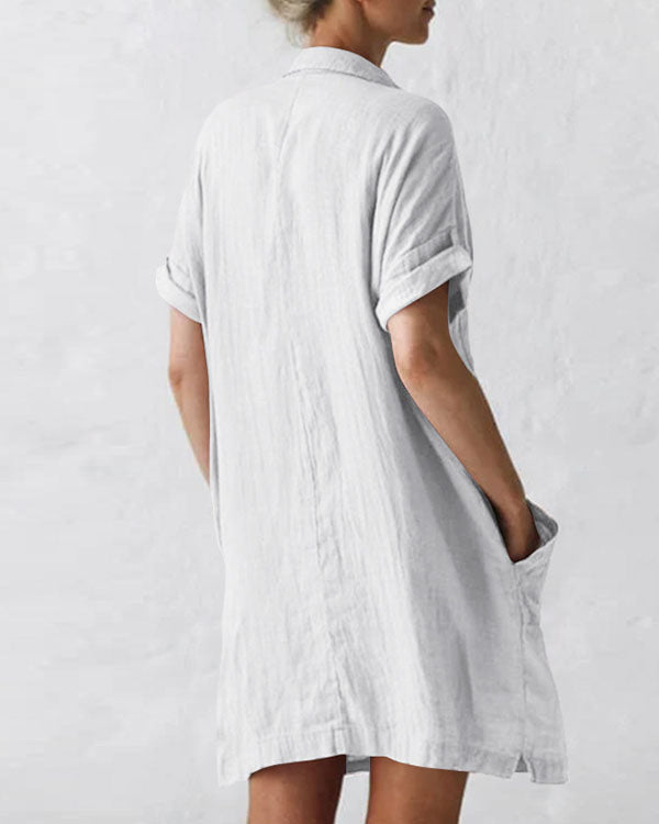Women Plus Size Pockets Short Sleeve Button Linen Dresses