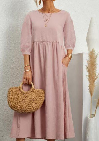 Solid Color Long Sleeve Loose Linen Slip Pocket Dress