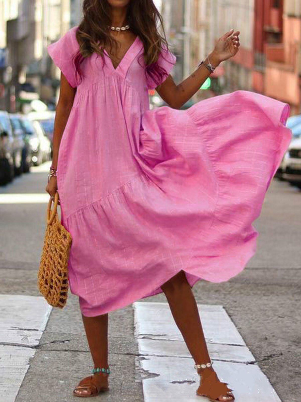 Women's Casual Solid Color Irregular Stitching V-Neck Dress