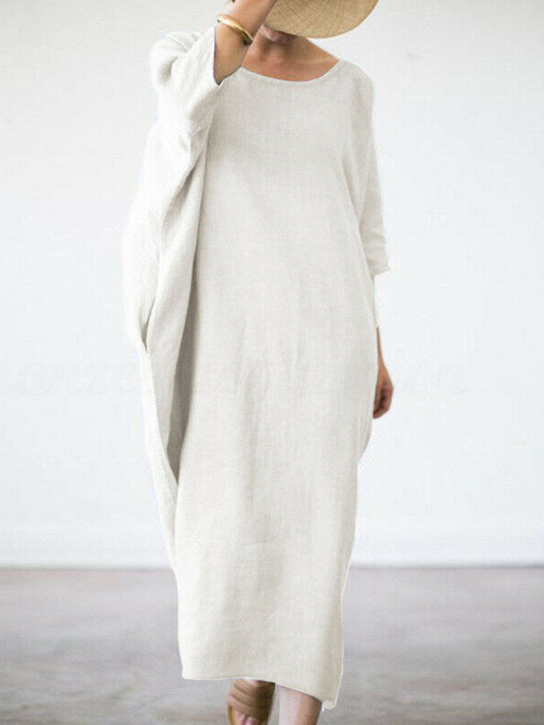 Loose Crew Neck Long Sleeve Linen Long Dress