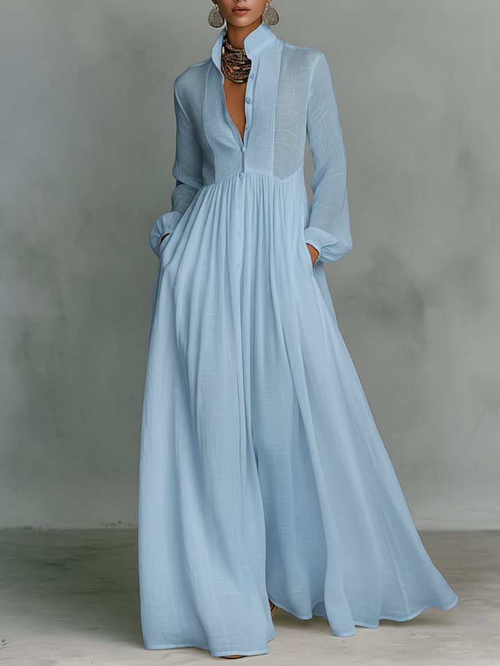 Minimalist Patchwork Single-breasted Stand-up Collar Long-sleeved Dress