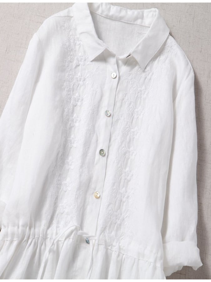 3/4 Sleeves Cotton Linen Loose And Slim Embroidered Dress