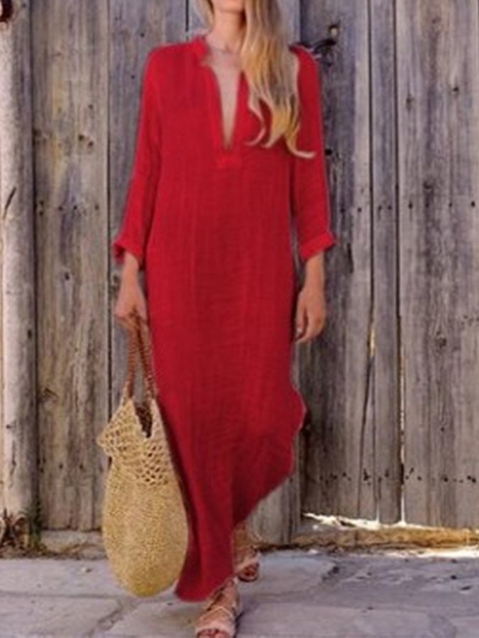 Women's Solid Color Deep V-Neck Slit Long Dress