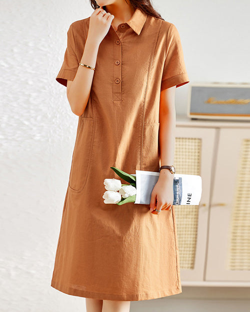 Casual Solid Color Lapel Short-sleeved Linen Shirt Dress