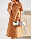 Casual Solid Color Lapel Short-sleeved Linen Shirt Dress