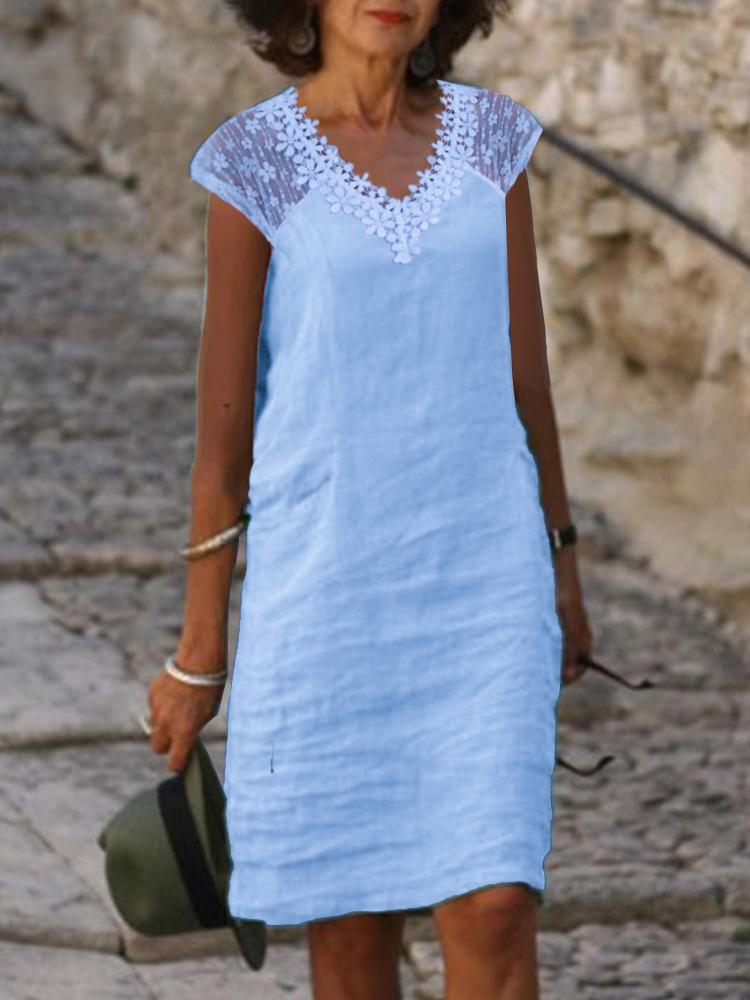 Solid color lace stitching straight elegant V-neck dress