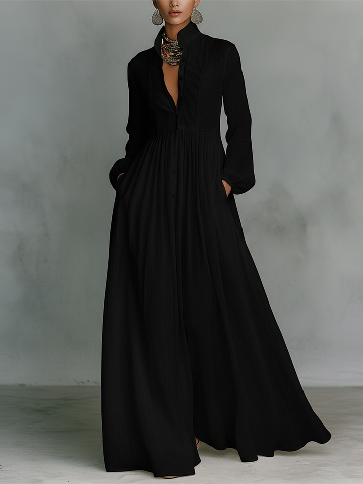 Minimalist Patchwork Single-breasted Stand-up Collar Long-sleeved Dress