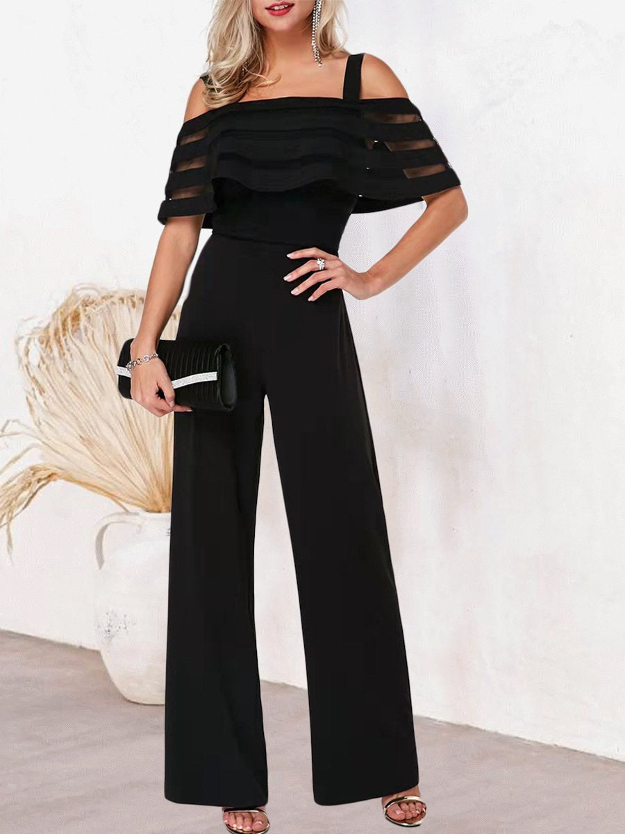 Off Shoulder Sheer Mesh Sleeves Straight  Jumpsuit