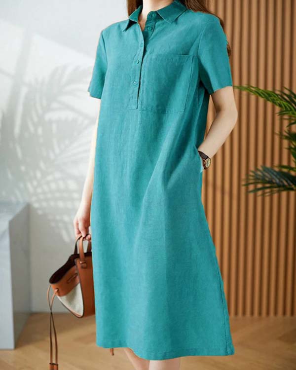 Linen Cotton Short Sleeve Simple Dress