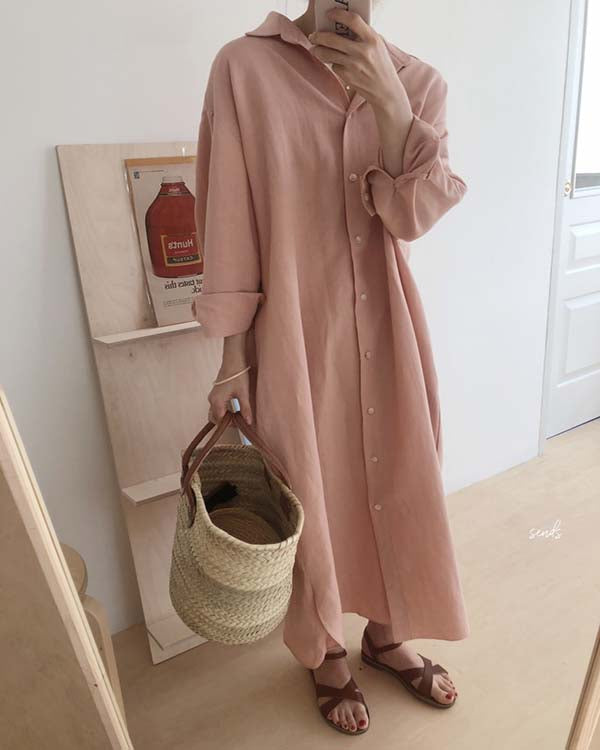 Casual Loose Solid Color Cotton Linen Shirt Dress