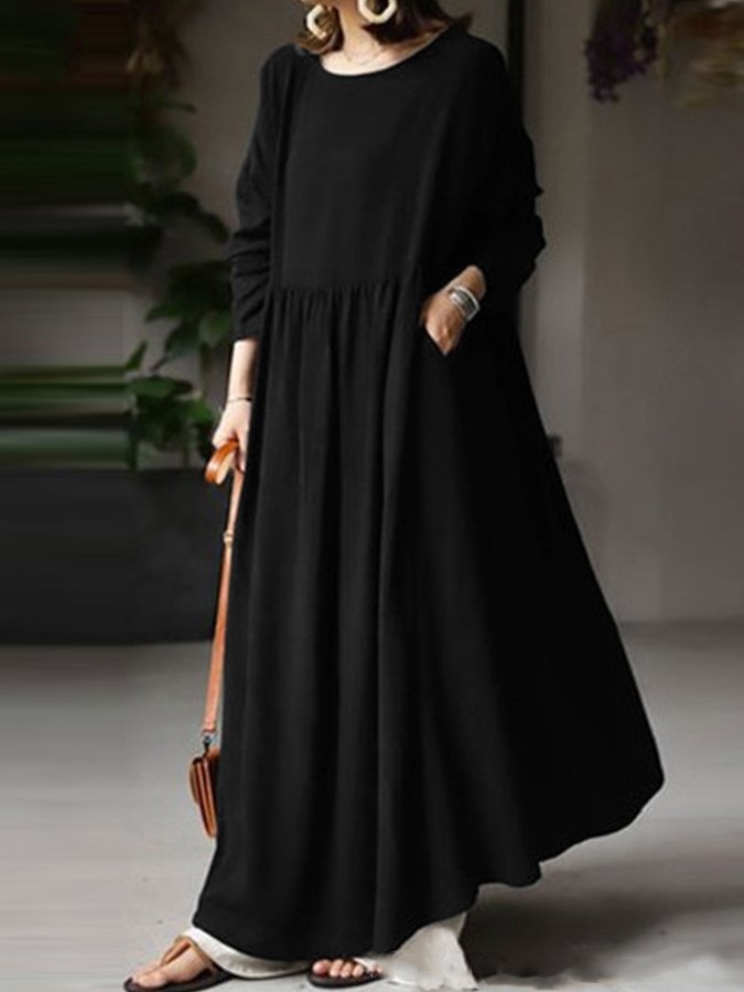 Women's Round Neck Long Sleeve Cotton Linen Dress