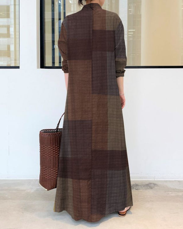 Casual Color Block Cotton Linen Shirt Collar Dress