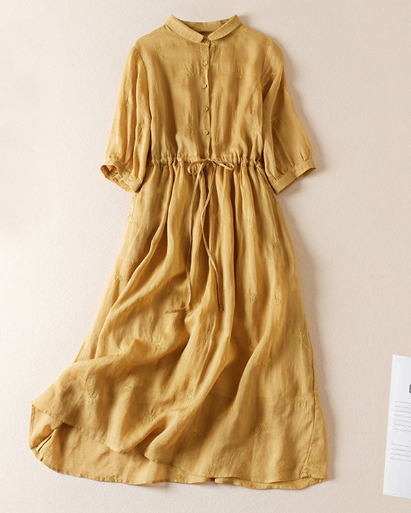 Retro Lapel Waist Short Sleeve Midi Dress