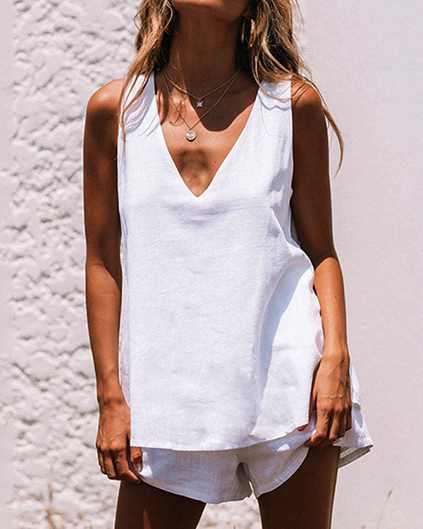 Plus Size White Casual Linen Cotton V Neck Shorts Set