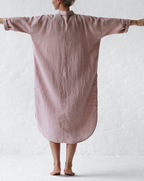 Casual Pink Solid Linen Pullover Shirt Dresses with Pockets