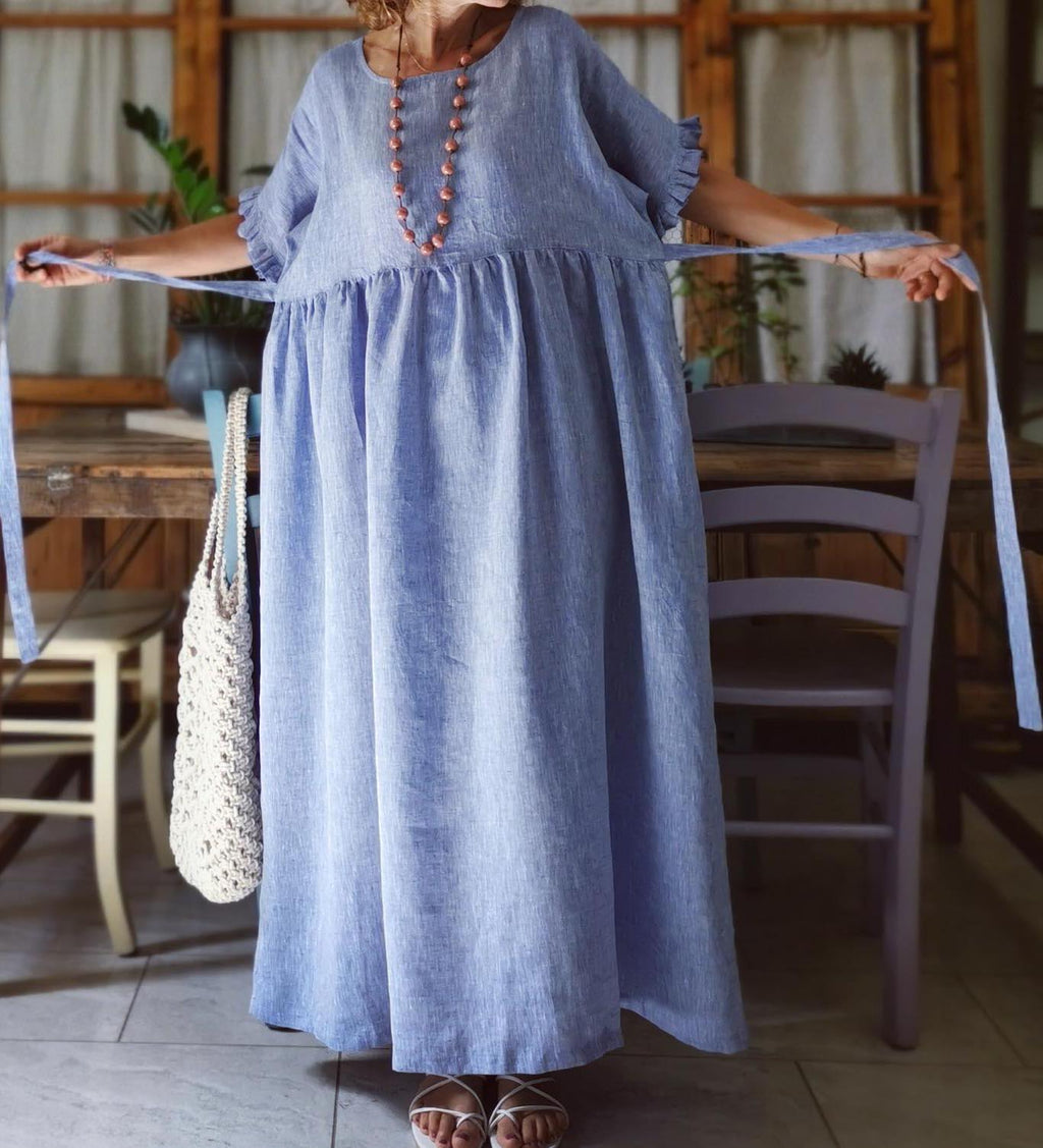 Casual Vacation Cotton and Linen Round Neck Dress with Ruffled Sleeves