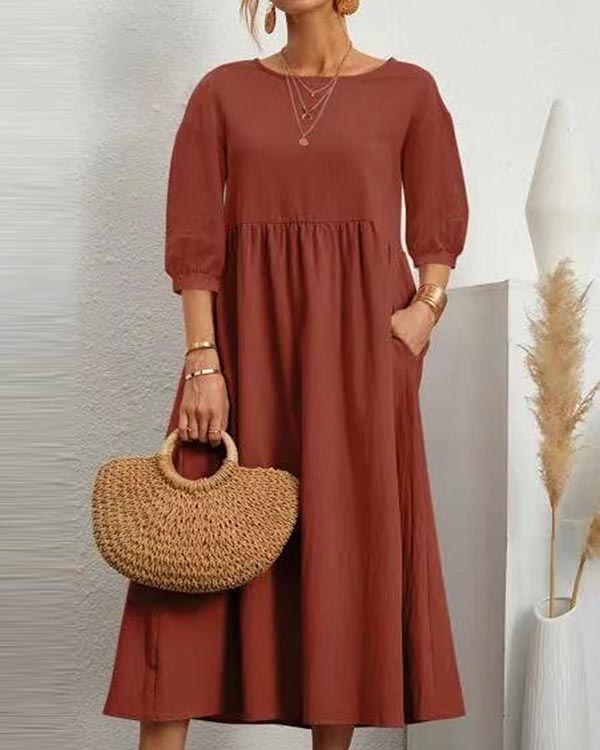 Solid Color Long Sleeve Loose Linen Slip Pocket Dress