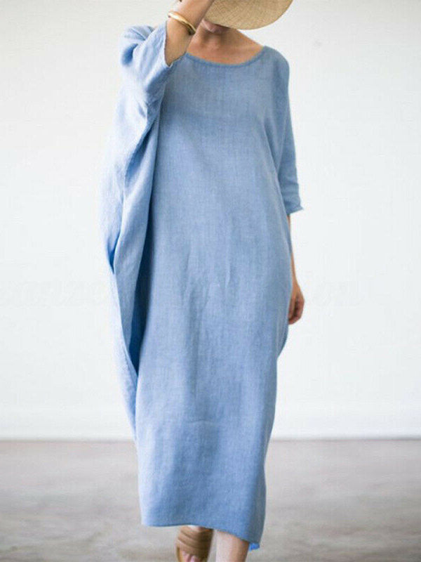 Loose Crew Neck Long Sleeve Linen Long Dress