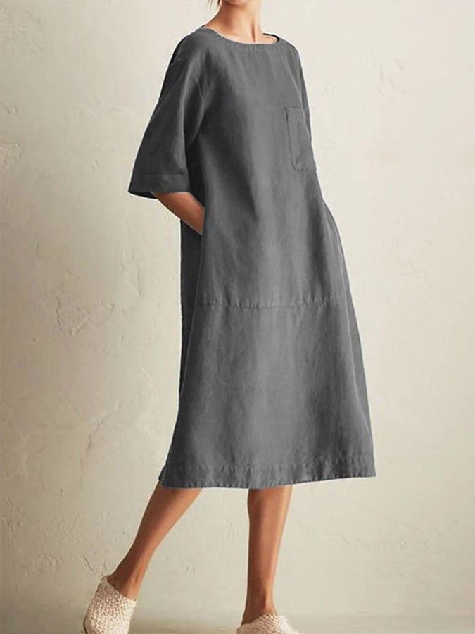 Solid Linen Crew Neck Dress