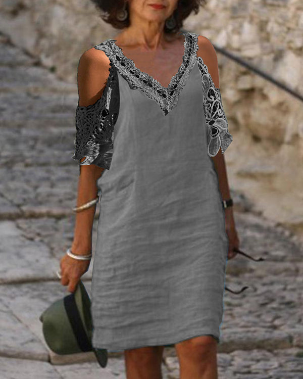 Lace Stitching V-neck Off-the-shoulder Solid Color Cotton Dress