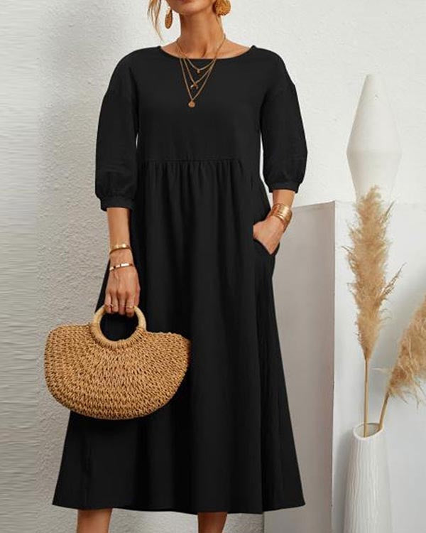Solid Color Long Sleeve Loose Linen Slip Pocket Dress