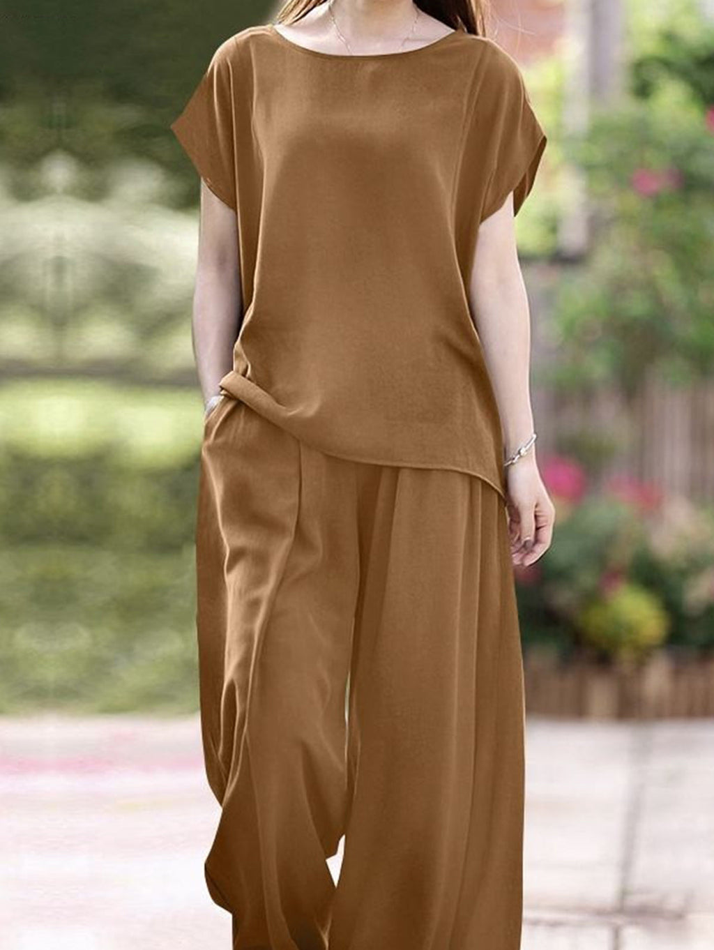 Minimalist Solid Color Short Sleeve Loose Shirt & Wide Leg Pants 2Pcs Set