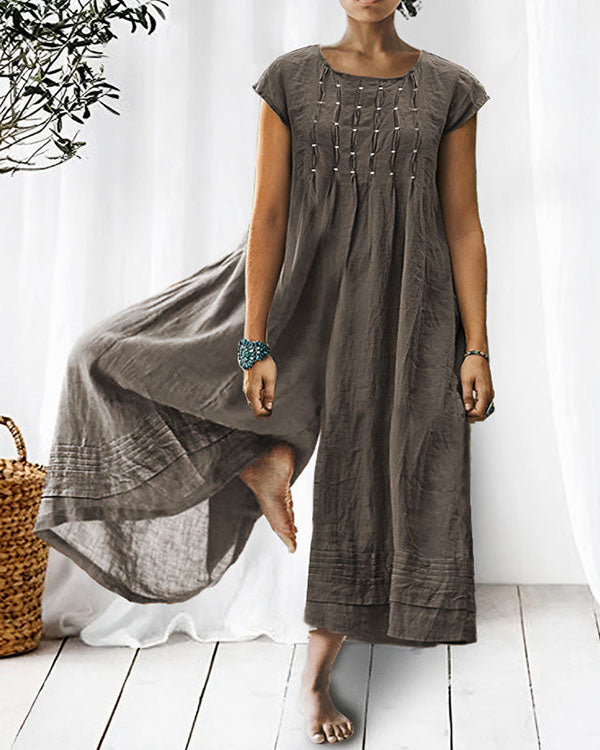Solid Relaxed Loose Pleated Linen Jumpsuit (Gray/Navy/Orange/Green In Stock)