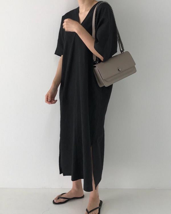 Vintage Linen Loose V-Neck Short Sleeve Dress