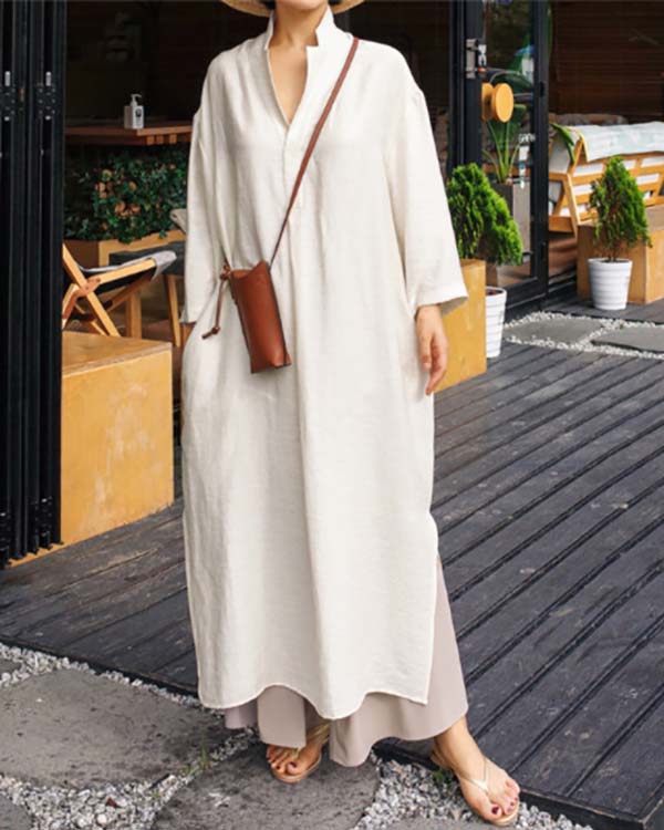 Casual Loose Solid Color Cotton Linen Shirt Dress
