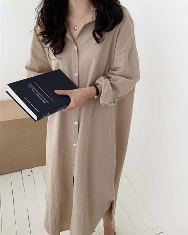 Casual Loose Solid Color Cotton Linen Shirt Dress