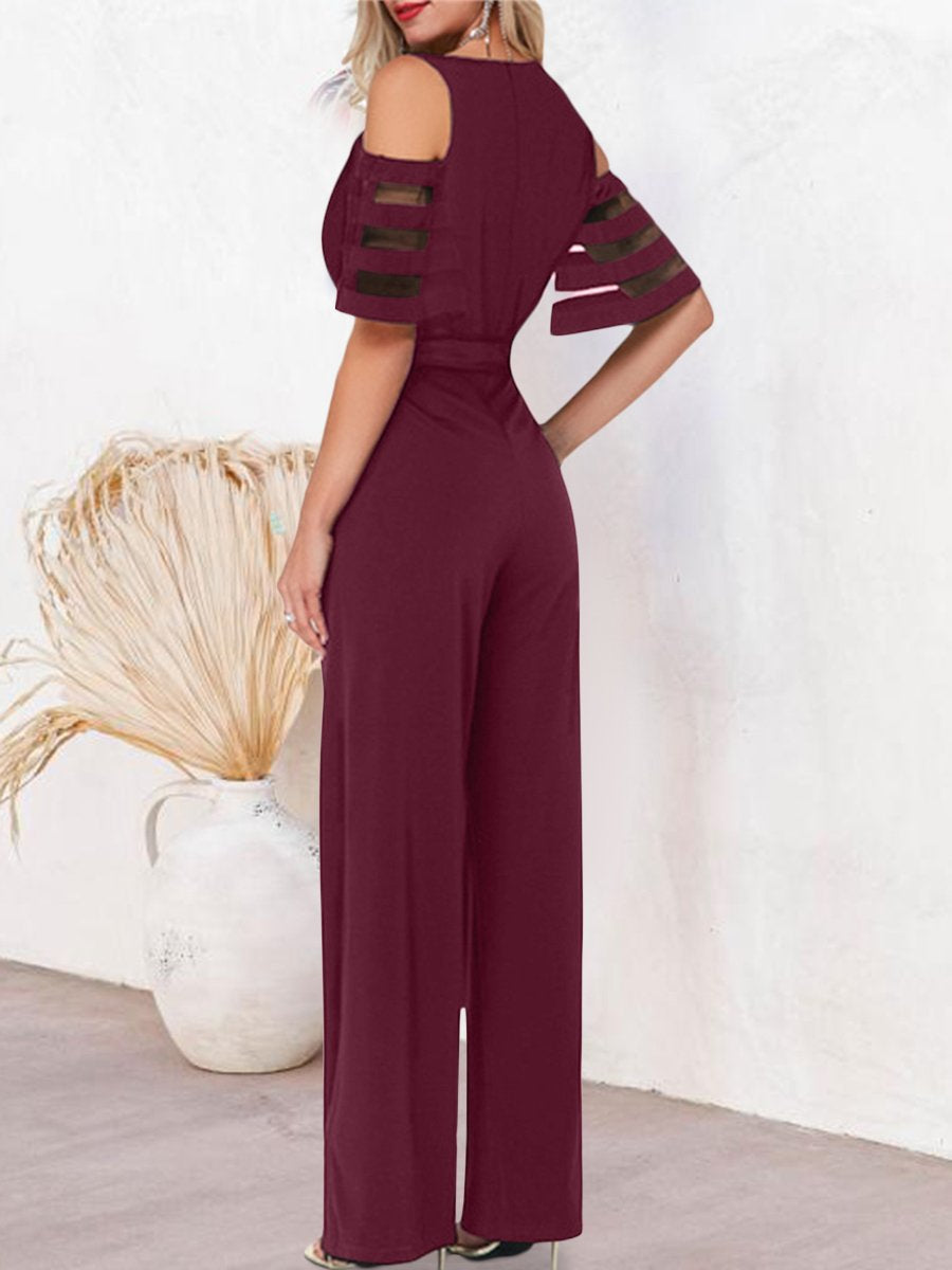 Mesh Patchwork Sleeves V Neck Formal Dressy Jumpsuit