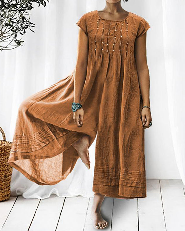 Solid Relaxed Loose Pleated Linen Jumpsuit (Gray/Navy/Orange/Green In Stock)
