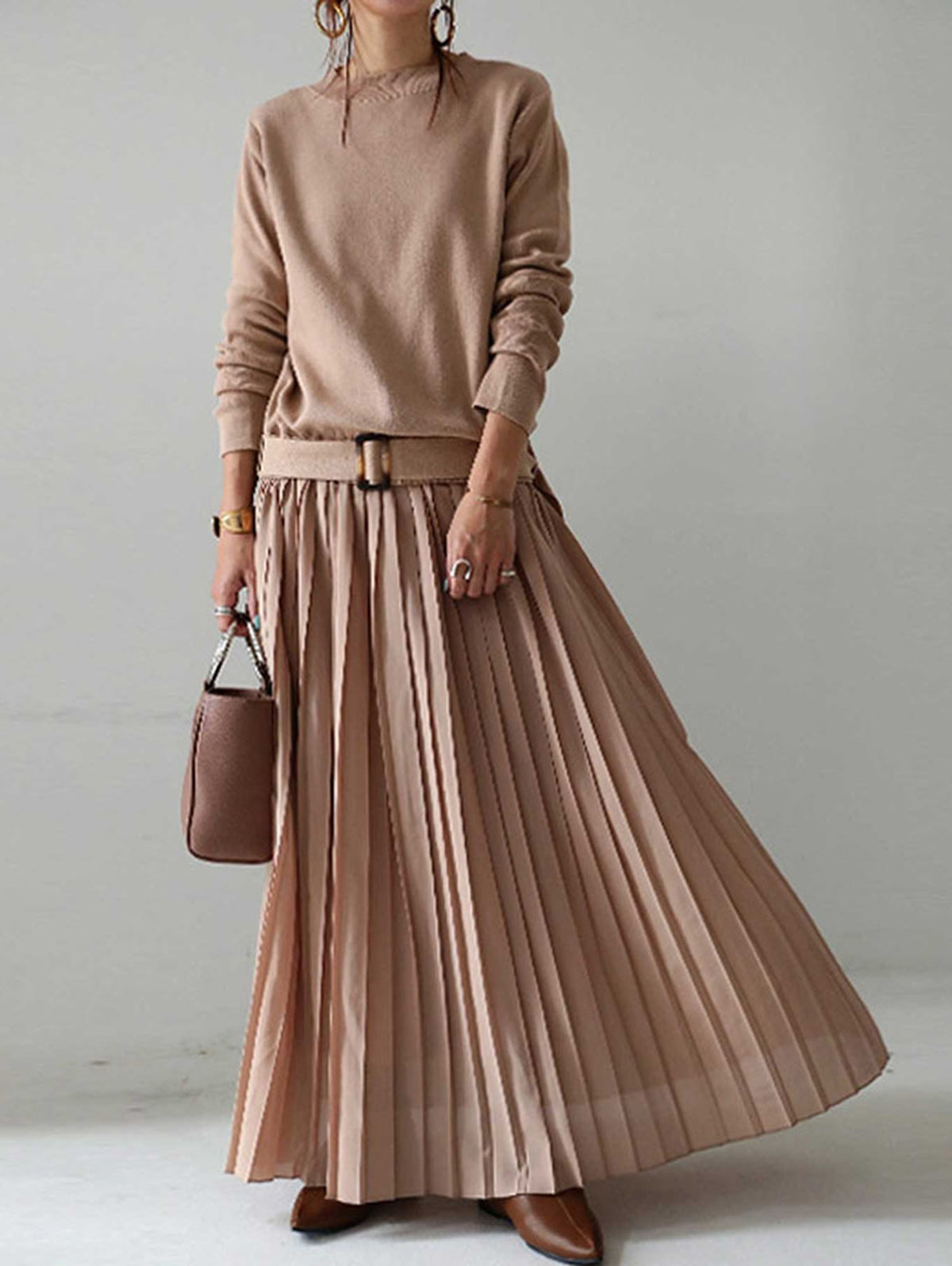 Stylish Long Sleeve Splice Drop-Waist Belted Pleated Maxi Dress