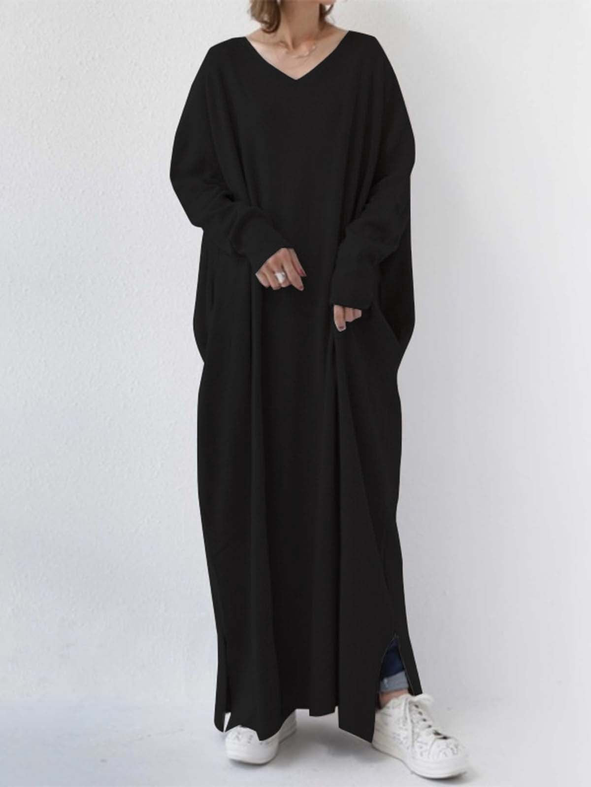 Solid V Neck Long Sleeve Slit Hem Pocket Maxi Dress