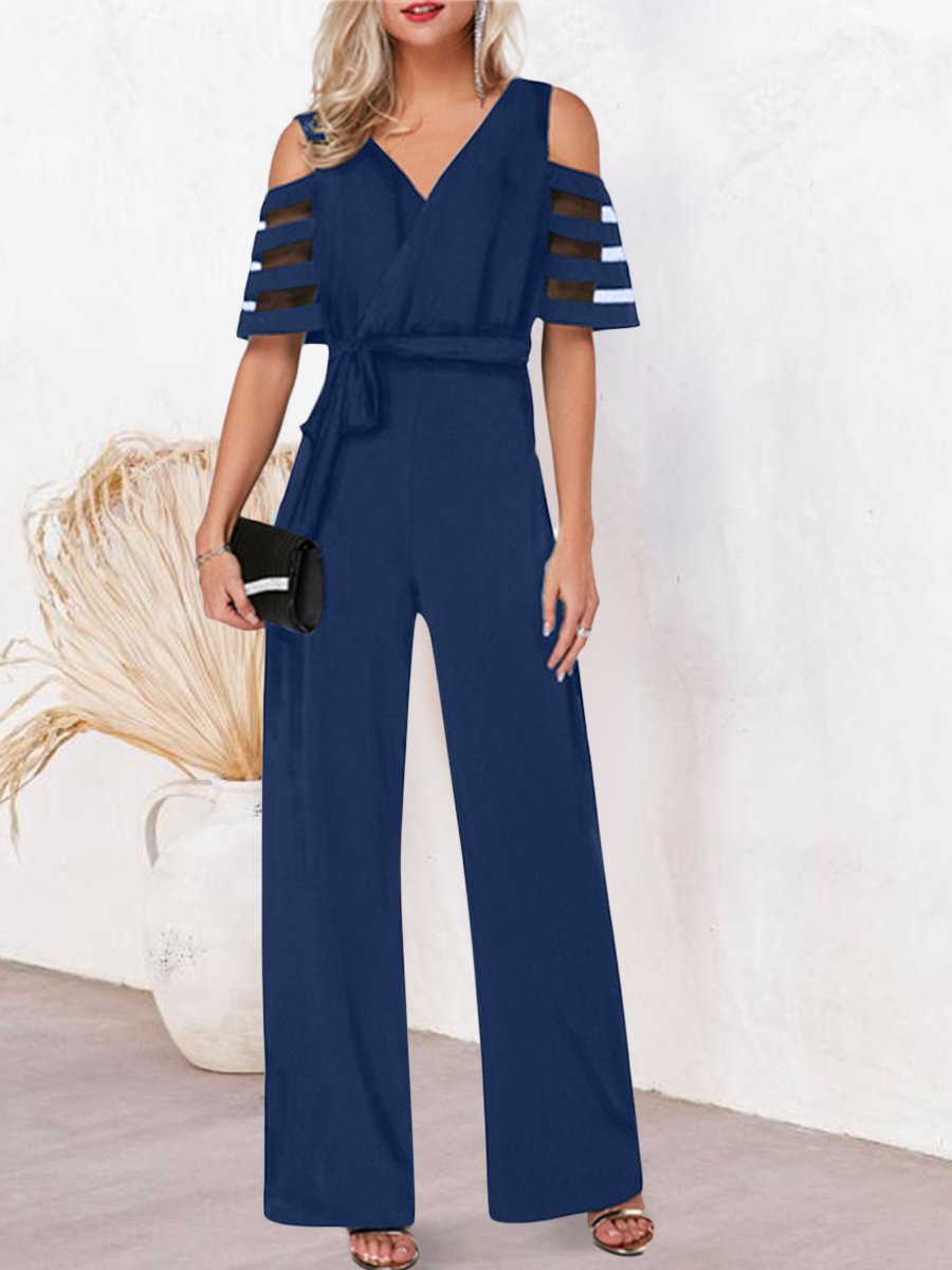 Mesh Patchwork Sleeves V Neck Formal Dressy Jumpsuit