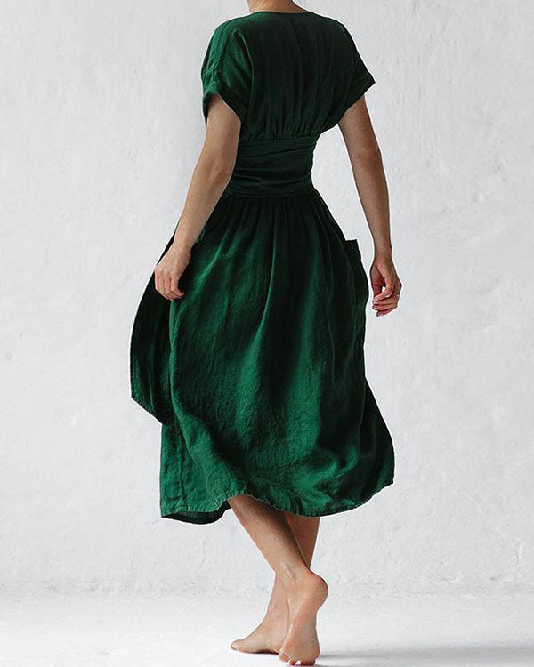 Elegant Solid V Neck Linen Bandage Waist Dresses