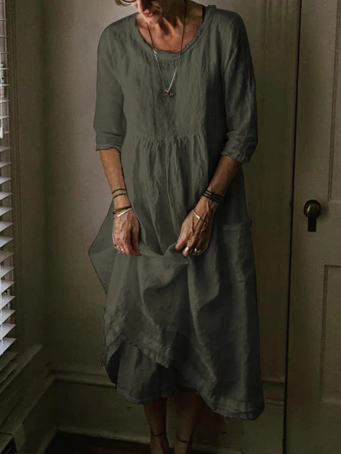 Women's Casual Round Neck Linen Solid Long Dress