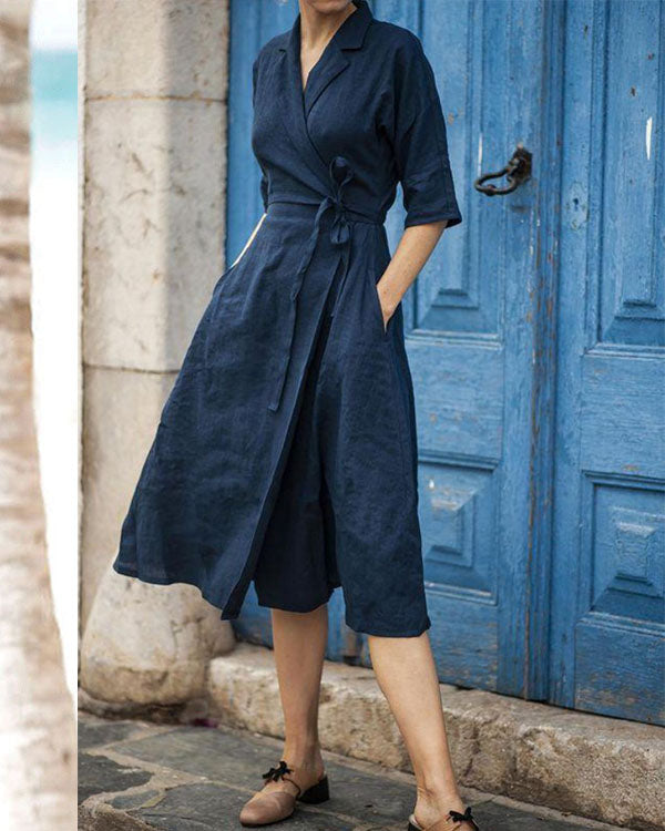 Elegant Solid Turndown Collar Linen Lace up Wrap Dresses